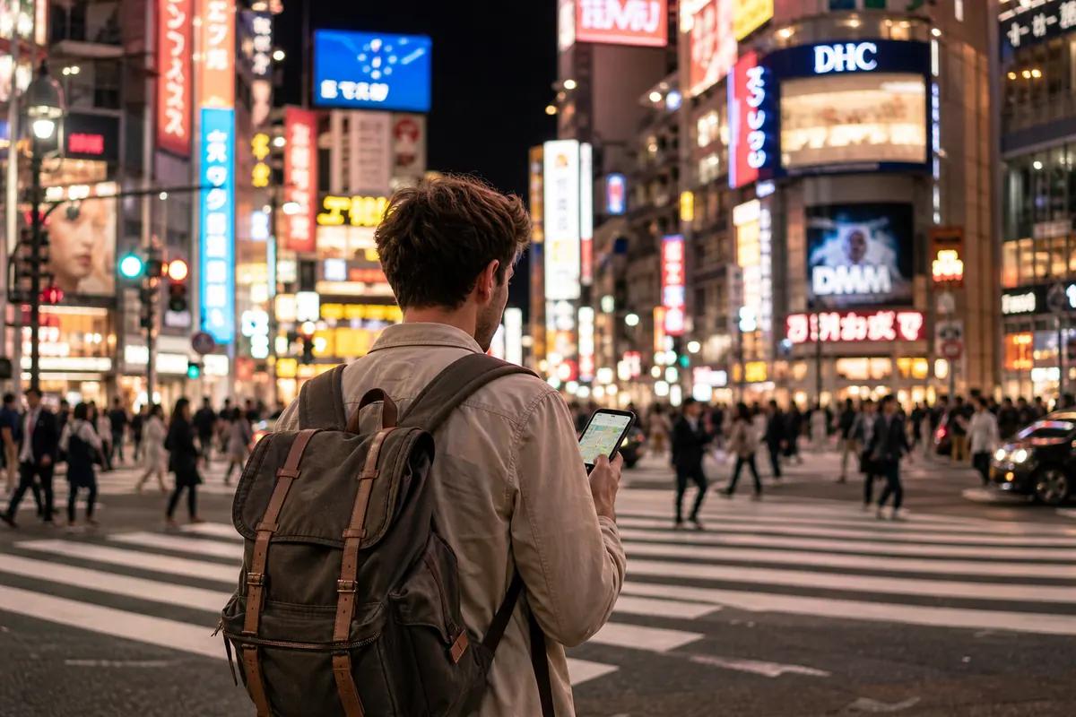 Voyageur de dos consultant une carte sur son smartphone devant un carrefour illuminé de Tokyo la nuit