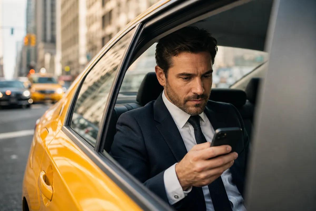 Homme d'affaires consultant son smartphone à l'arrière d'un taxi jaune dans une avenue de New York