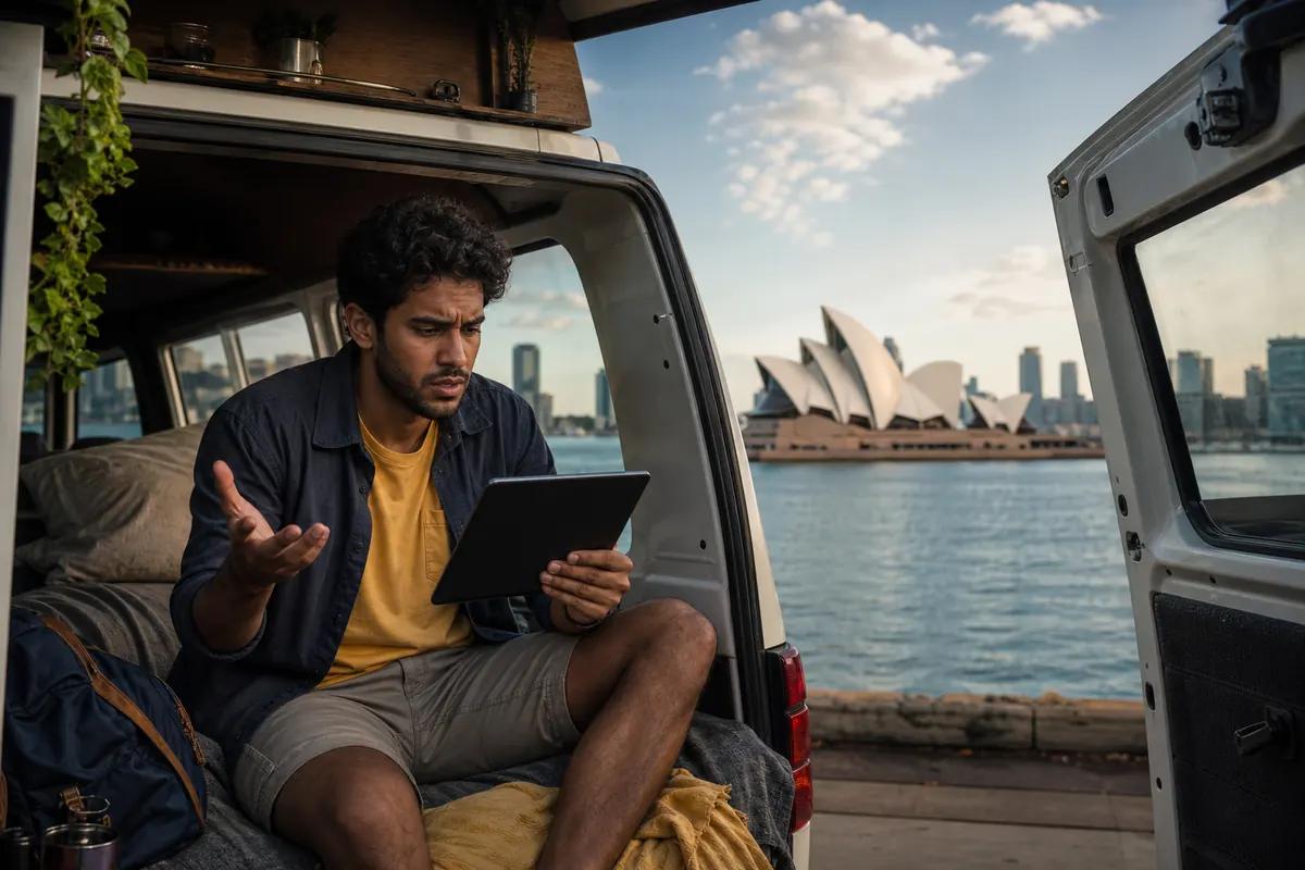 Voyageur perplexe avec sa tablette à l'arrière d'un van aménagé face à l'Opéra de Sydney