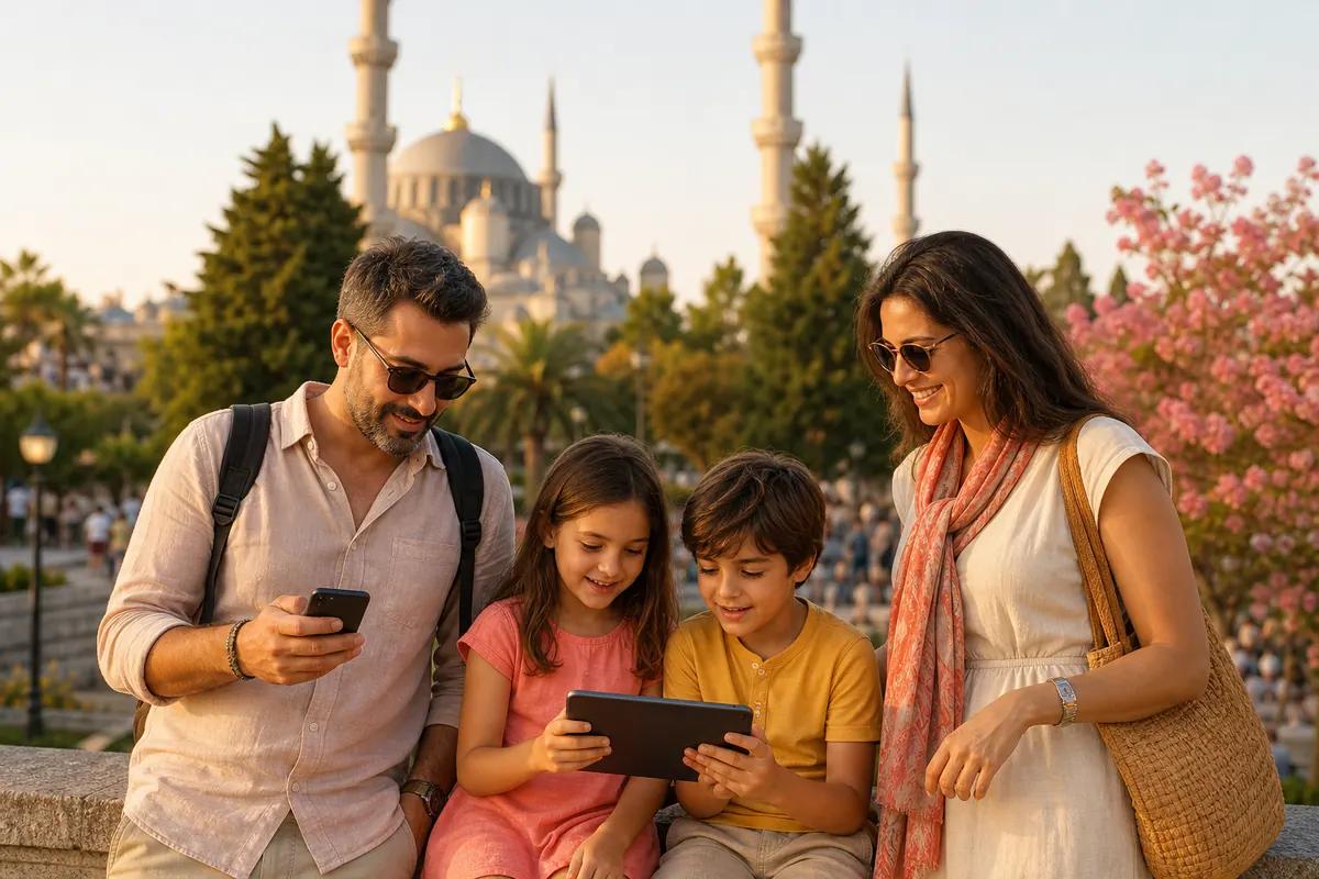 Famille de quatre personnes regardant une tablette et un smartphone devant une mosquée au coucher du soleil