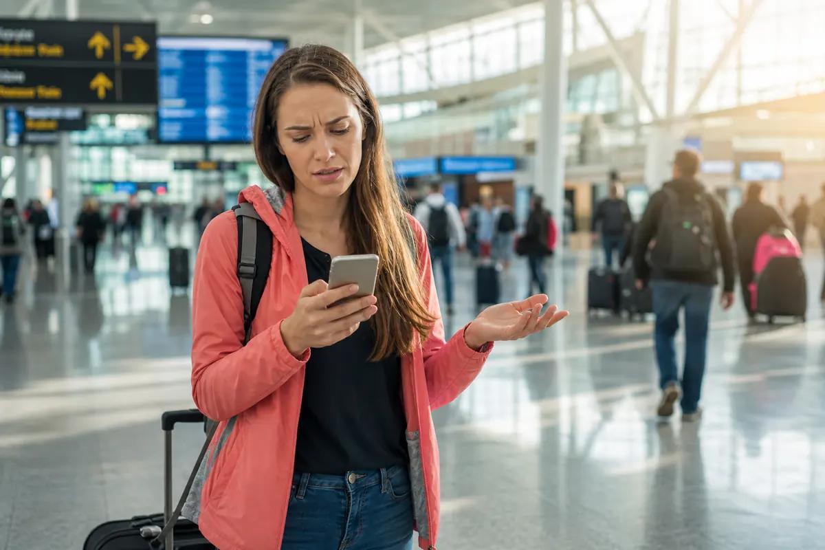 Voyageuse perplexe devant l'écran de son smartphone dans un hall d'aéroport bondé, valise à la main