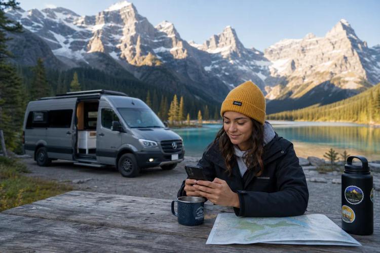 Voyageuse au bonnet jaune consultant son téléphone à une table de pique-nique près de son van aménagé