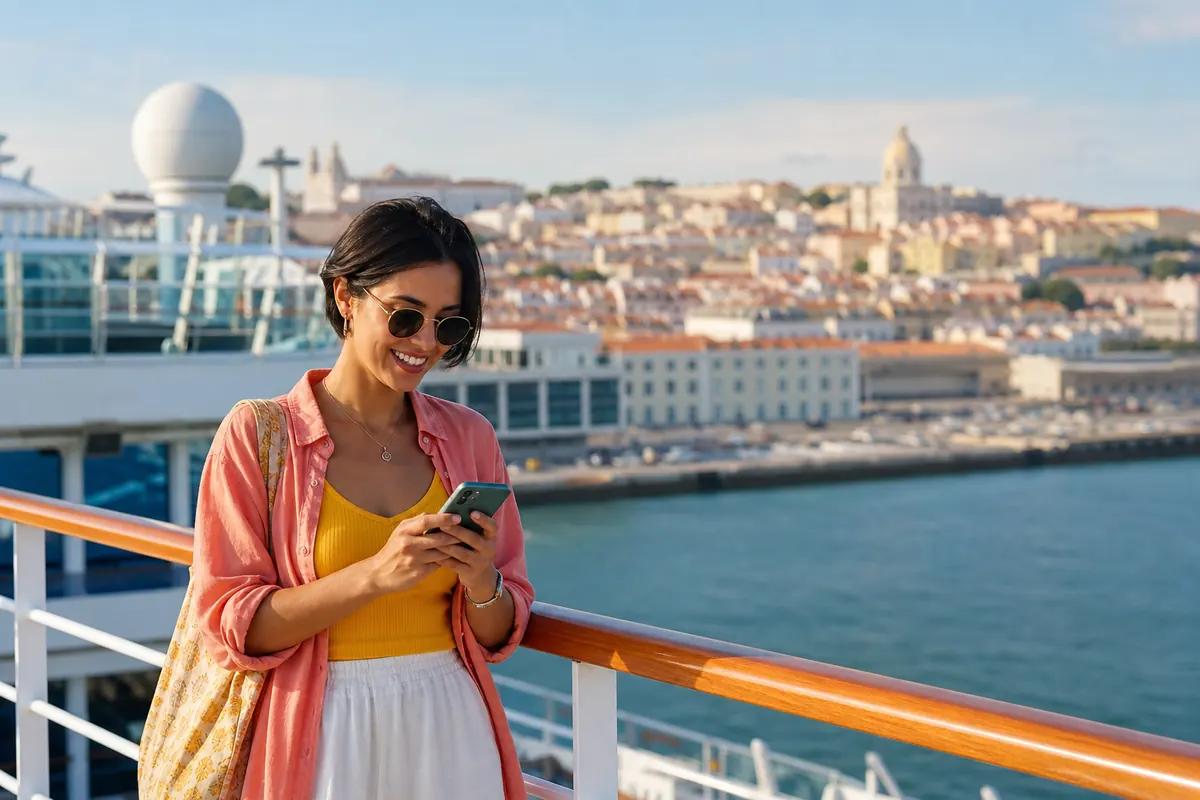 Passagère souriante sur le pont d'un navire de croisière, smartphone en main, ville portuaire en fond