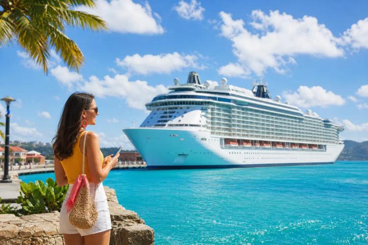 Traveler seen from behind, phone in hand, watching a cruise ship docked in turquoise water under palm trees