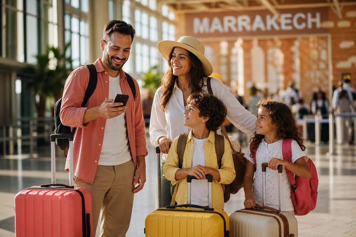 Family with suitcases in a Moroccan airport hall while the father checks his smartphone