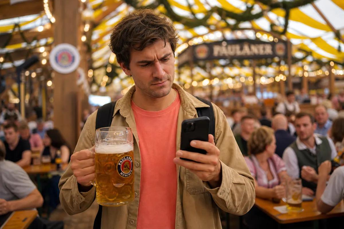 Homme contrarié avec une chope de bière regardant son smartphone sous une tente de fête bavaroise