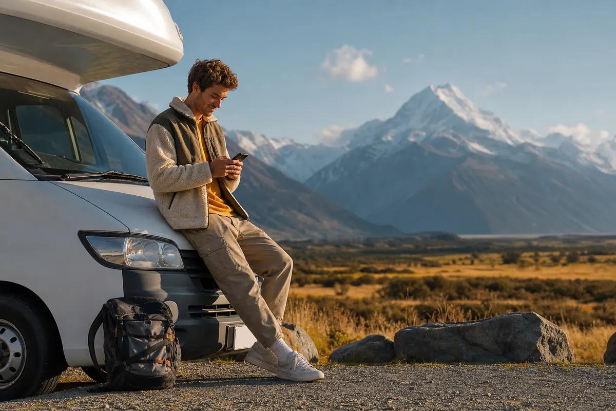 Young man leaning against a camper van, phone in hand, facing a snow-capped mountain peak