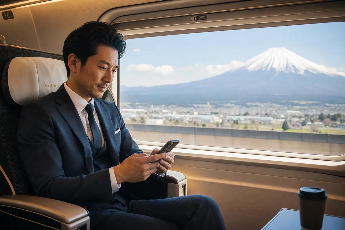 Homme en costume utilisant son smartphone dans un train à grande vitesse, montagne enneigée par la fenêtre