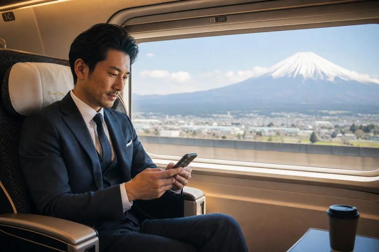 Homme en costume utilisant son smartphone dans un train à grande vitesse, montagne enneigée par la fenêtre