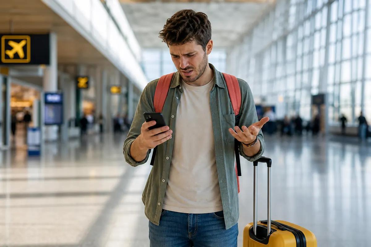 Puzzled traveler shrugging at his smartphone in an airport hall beside a yellow suitcase