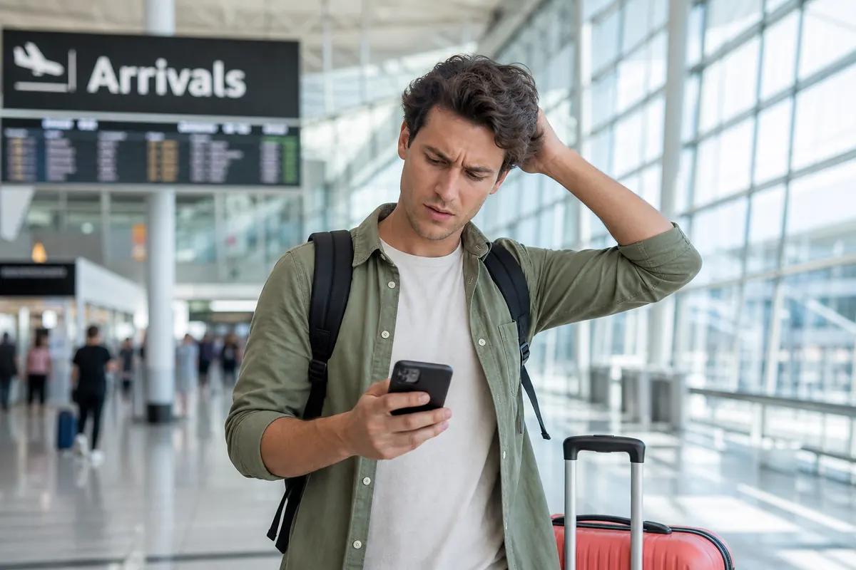 Frustrated traveler running a hand through his hair while checking his phone under an arrivals sign
