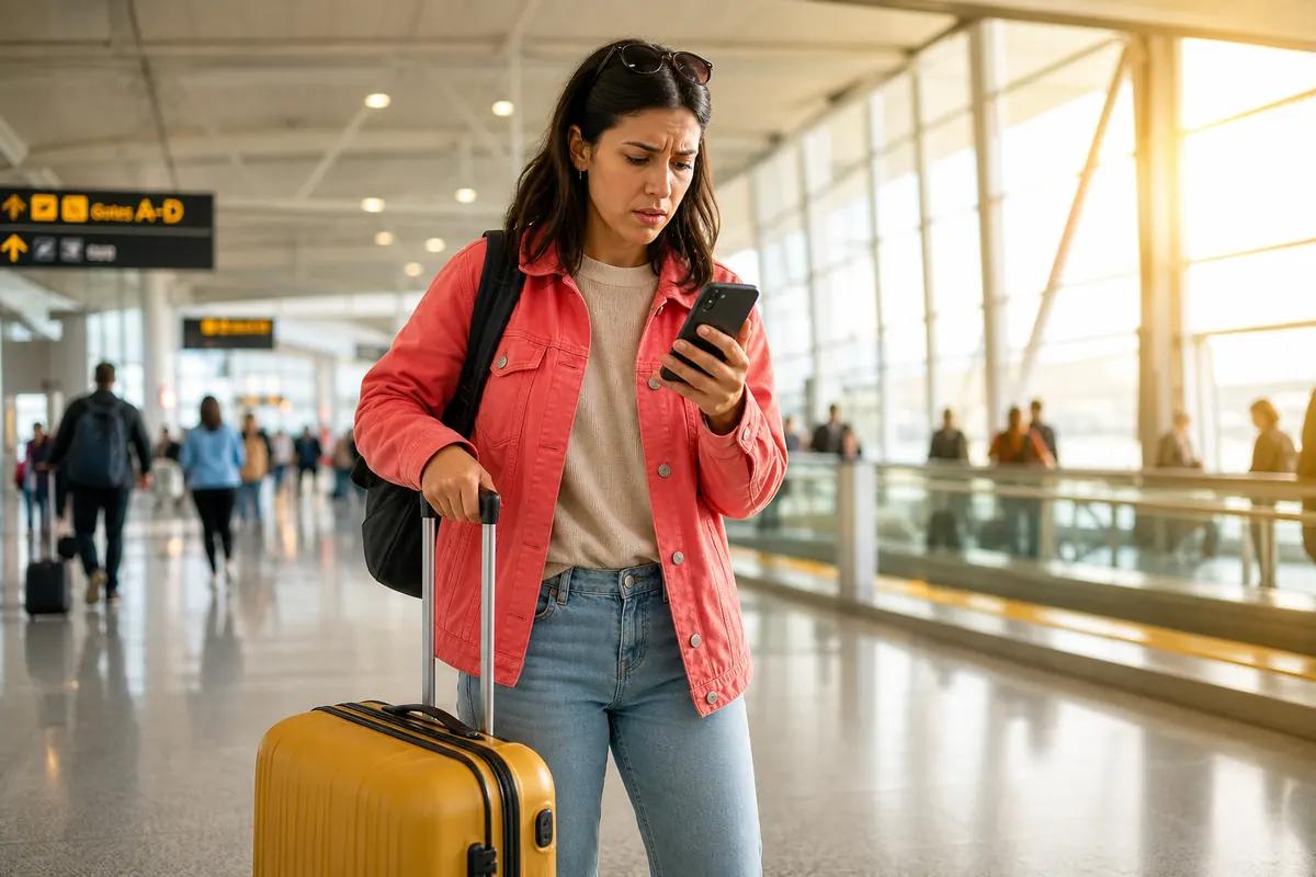 Voyageuse perplexe fixant son smartphone en tirant sa valise dans le hall d'un aéroport