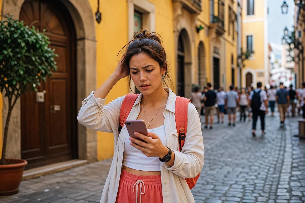 Voyageuse désorientée regardant son smartphone dans une ruelle pavée aux façades jaunes