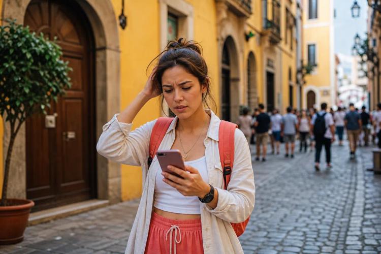 Disoriented female traveler looking at her smartphone in a cobbled street lined with yellow facades