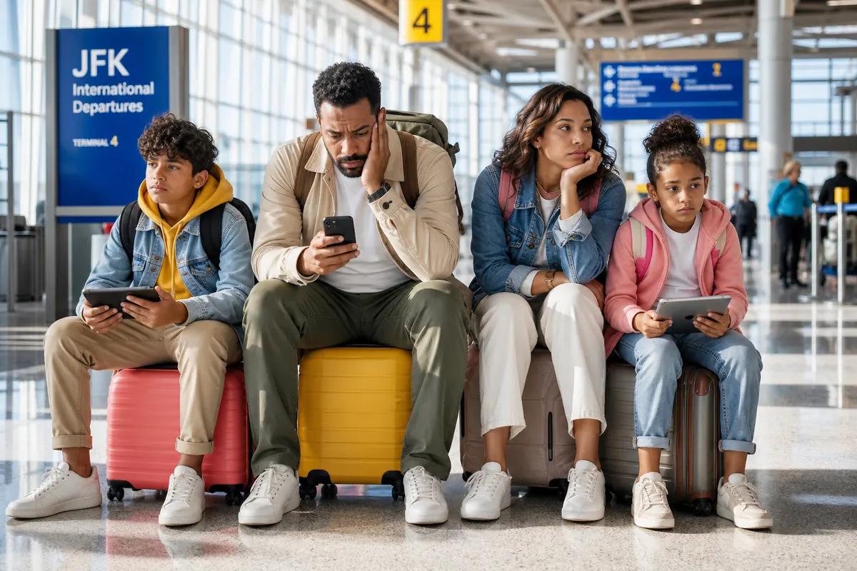 Family of four sitting on their suitcases in an airport terminal, each staring at a screen