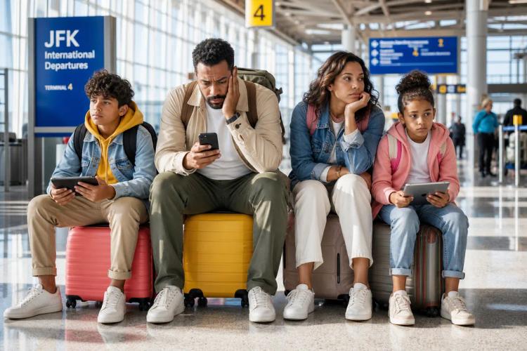 Famille de quatre personnes assise sur ses valises dans un terminal, chacun les yeux sur un écran
