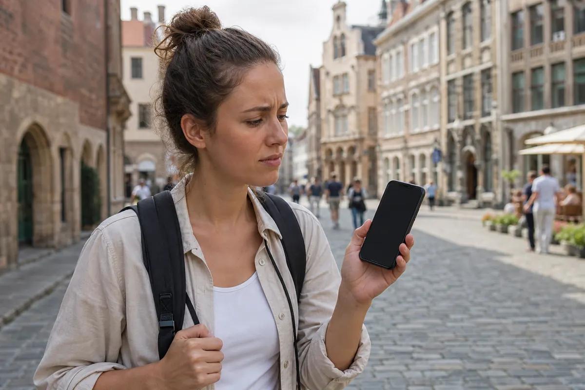 Voyageuse préoccupée tenant un smartphone à l'écran noir dans une rue pavée européenne