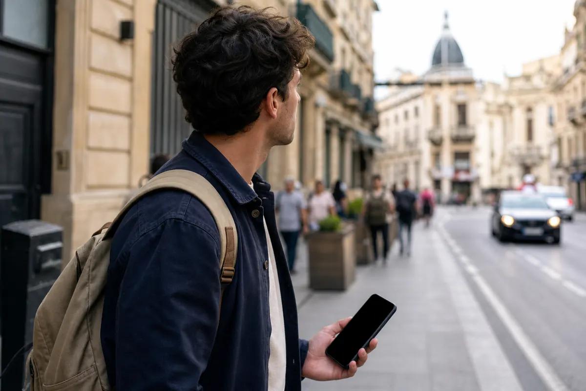 Traveler seen from behind on a city street, holding a phone with a dark screen, looking away
