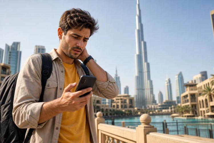 Voyageur soucieux face à son smartphone devant les tours de Dubaï et le plan d'eau