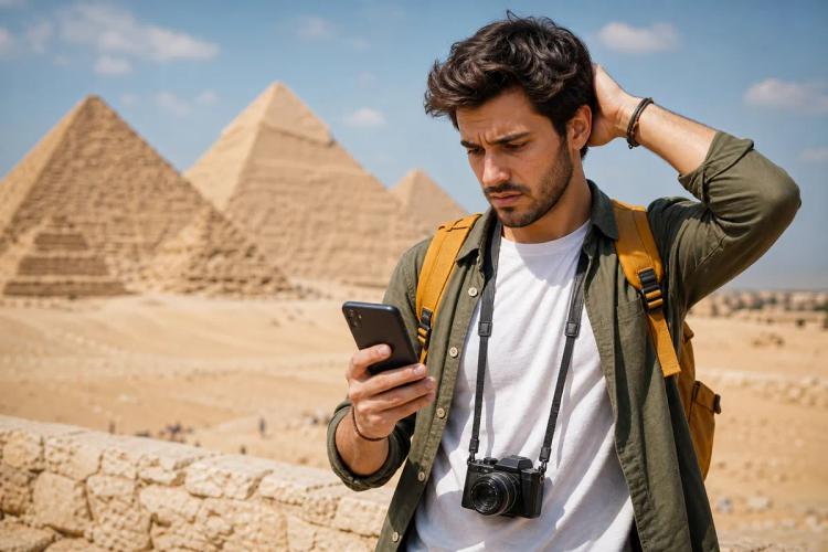 Touriste appareil photo au cou, main sur la nuque, fixant son téléphone devant les pyramides