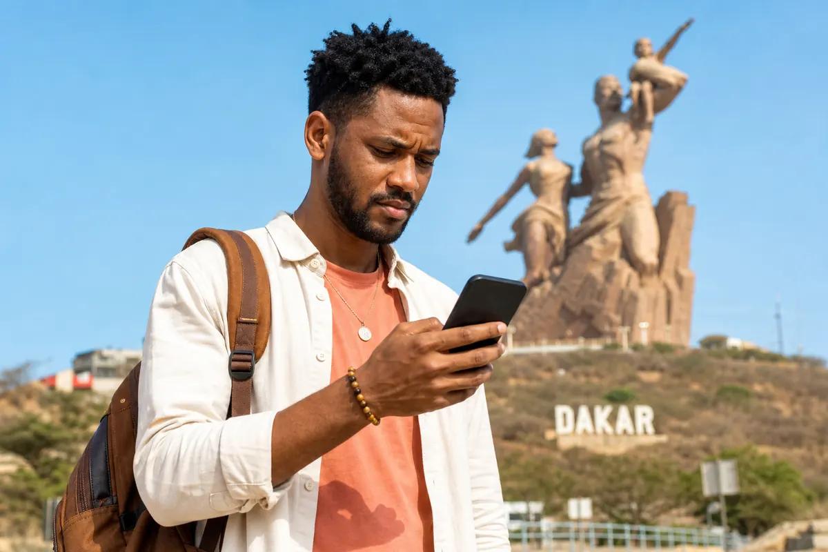 Voyageur contrarié devant son téléphone, avec le Monument de la Renaissance africaine à Dakar