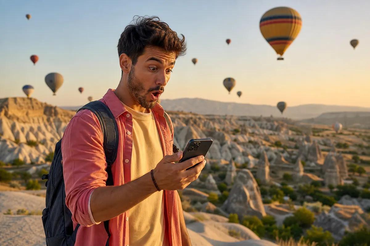 Open-mouthed traveler looking at his phone at dawn as hot air balloons drift over Cappadocia
