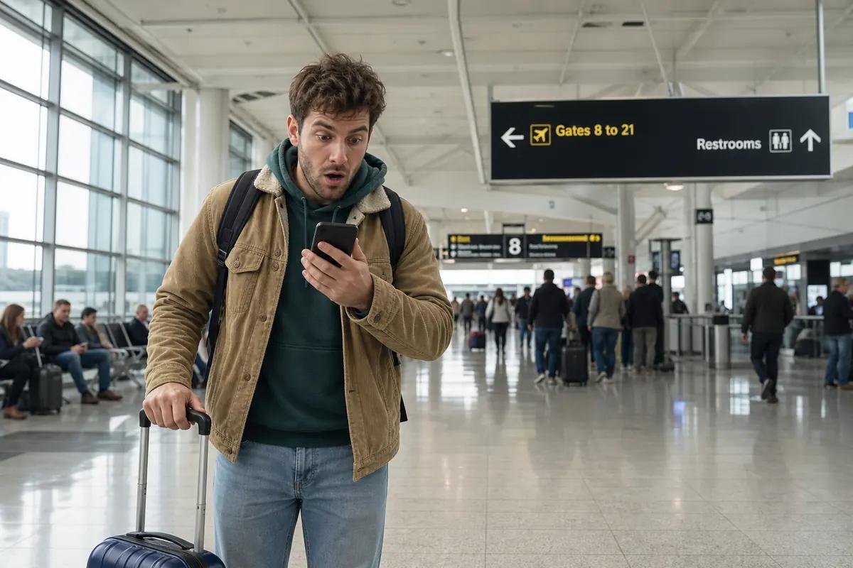 Voyageur stupéfait devant son smartphone dans un terminal, valise à la main sous les panneaux de portes