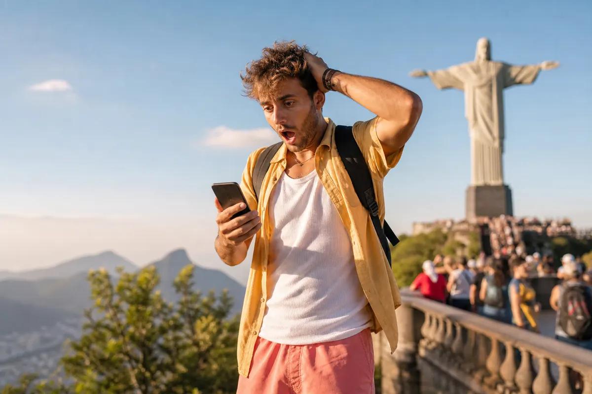 Voyageur médusé devant son smartphone sur le belvédère du Christ Rédempteur à Rio de Janeiro
