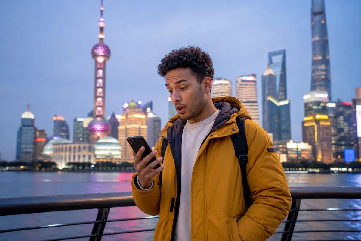 Voyageur stupéfait devant son téléphone, gratte-ciel illuminés de Shanghai au crépuscule