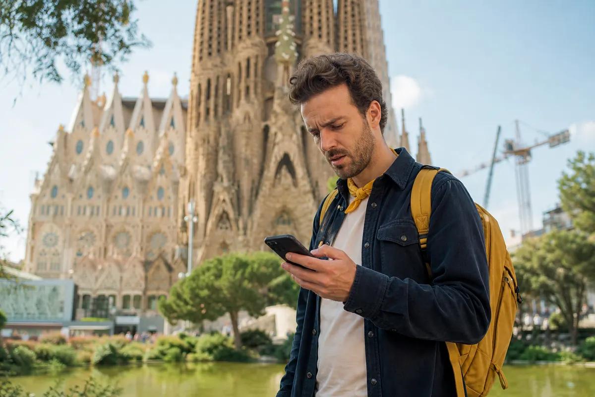Voyageur sourcils froncés pianotant sur son téléphone devant une basilique aux flèches sculptées