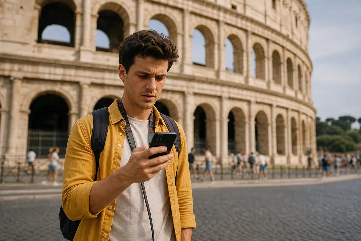 Voyageur sac au dos, sourcils froncés devant son téléphone, face à un amphithéâtre antique