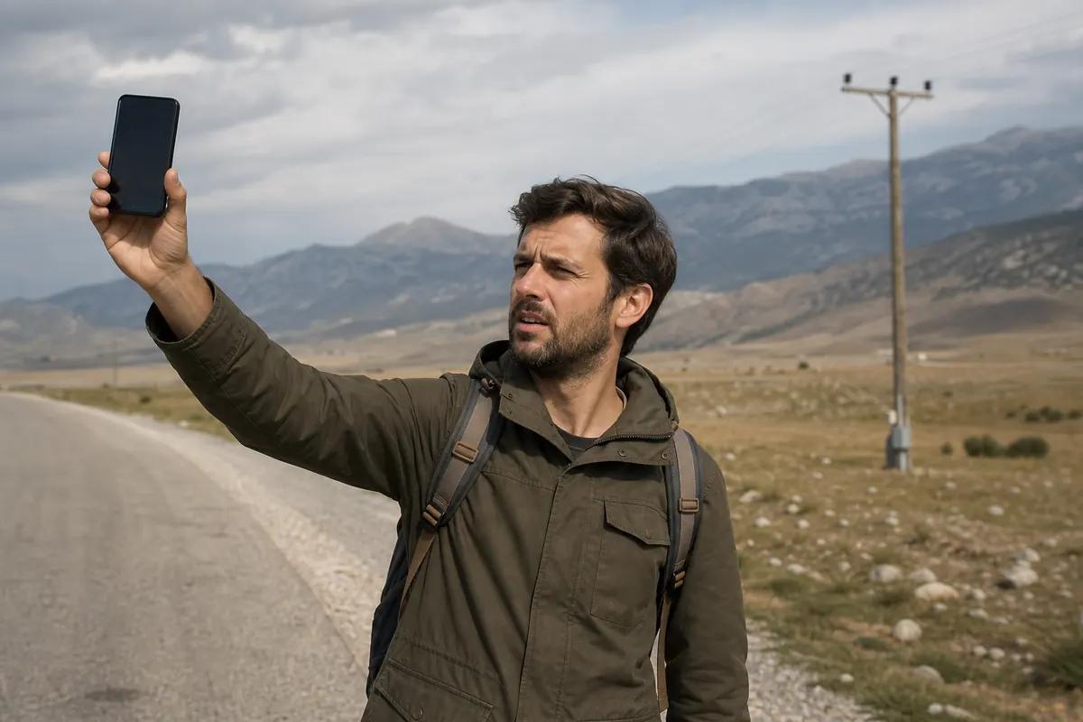 Voyageur levant son téléphone à bout de bras au bord d'une route déserte, à la recherche de réseau