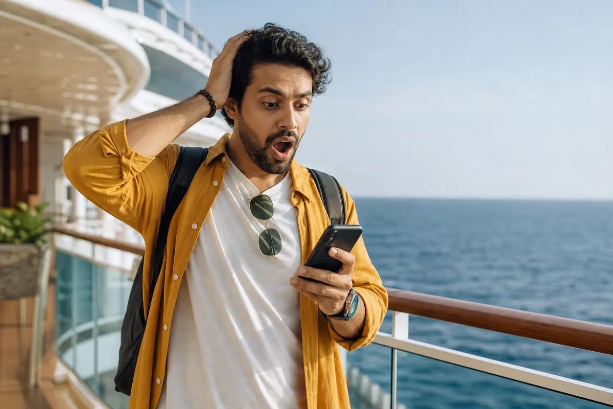 Passager stupéfait devant son smartphone sur le pont d'un navire de croisière, mer à l'horizon