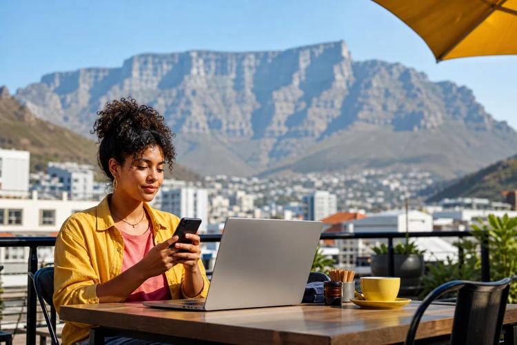 Jeune femme travaillant sur ordinateur portable et smartphone en terrasse face à une montagne au sommet plat