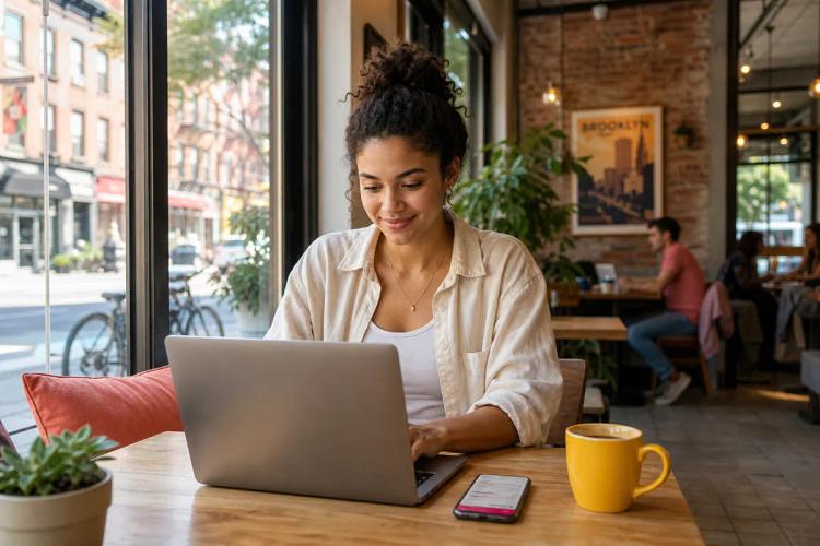 Young woman working on her laptop in a Brooklyn coffee shop with her phone on the table