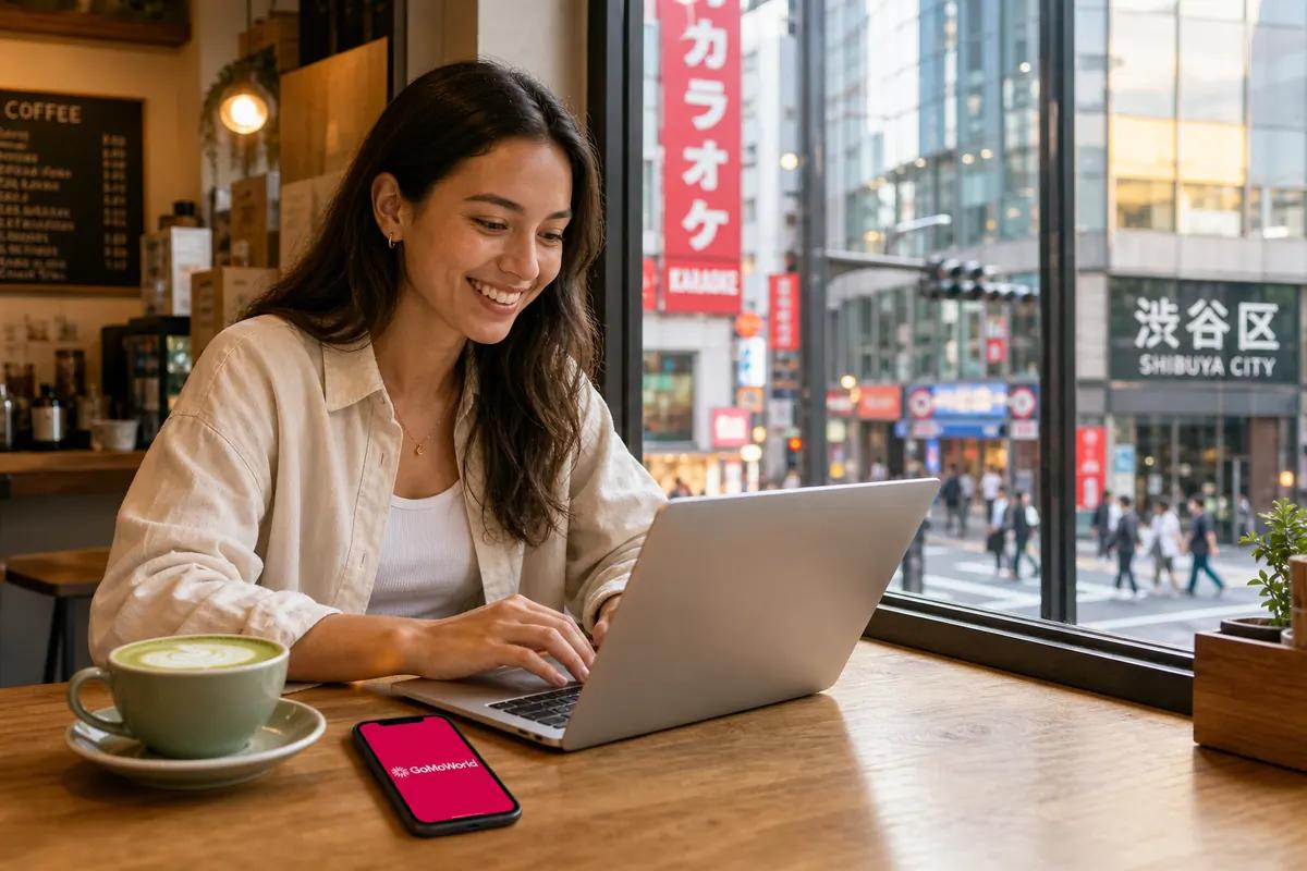 Woman working on her laptop in a cafe, a busy Tokyo street visible through the window