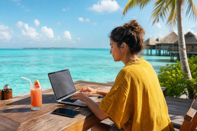 Woman working on her laptop facing a turquoise lagoon lined with overwater bungalows