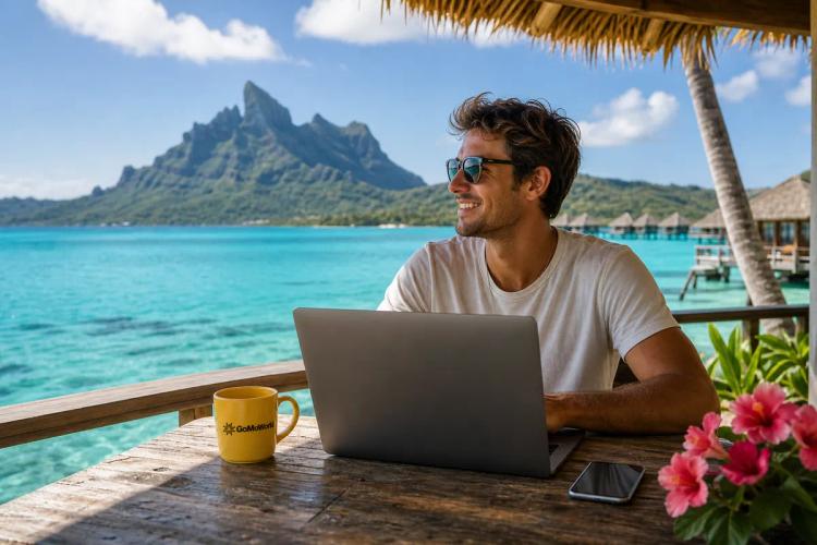 Smiling digital nomad working on a laptop under a thatched shelter facing a turquoise lagoon
