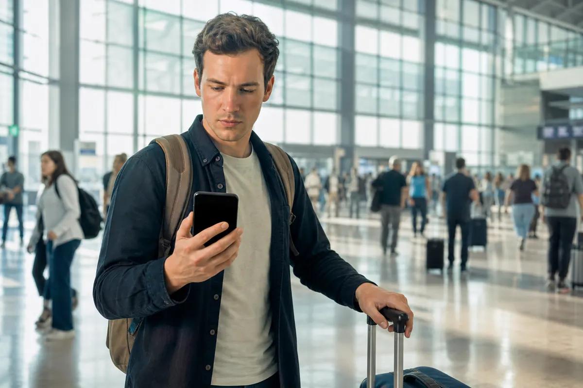 Traveler focused on his smartphone in a bright terminal, rolling suitcase at his side