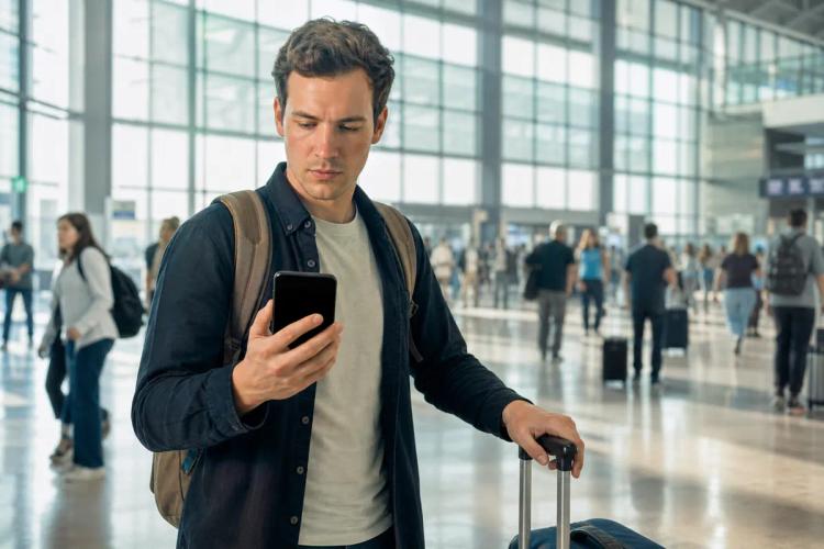 Traveler focused on his smartphone in a bright terminal, rolling suitcase at his side
