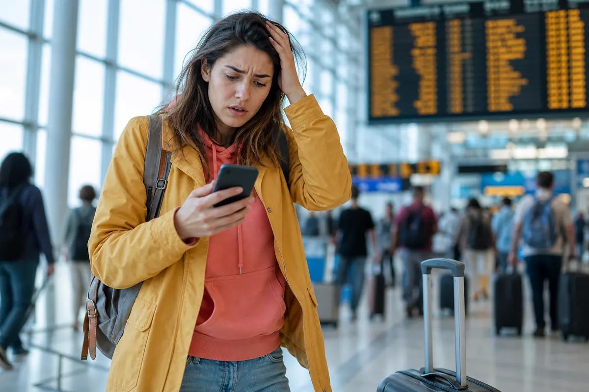 Anxious female traveler on her smartphone in a busy airport, flight board behind her