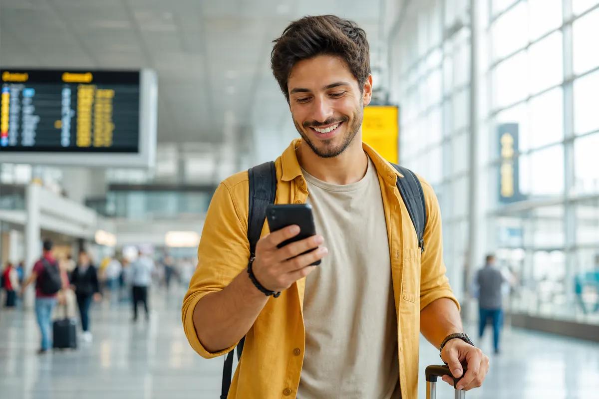 Smiling traveler pulling his suitcase while checking his phone in a bright airport hall