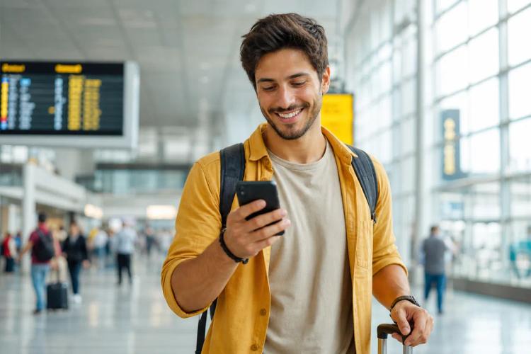 Smiling traveler pulling his suitcase while checking his phone in a bright airport hall