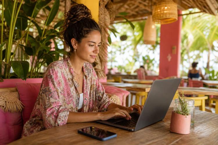 Young woman working on her laptop in an open-air tropical cafe surrounded by plants