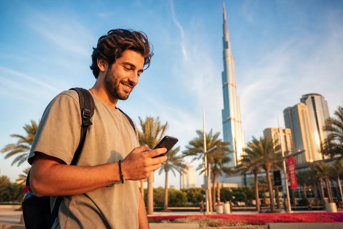 Smiling man checking his smartphone among palm trees with Dubai's skyline at golden hour