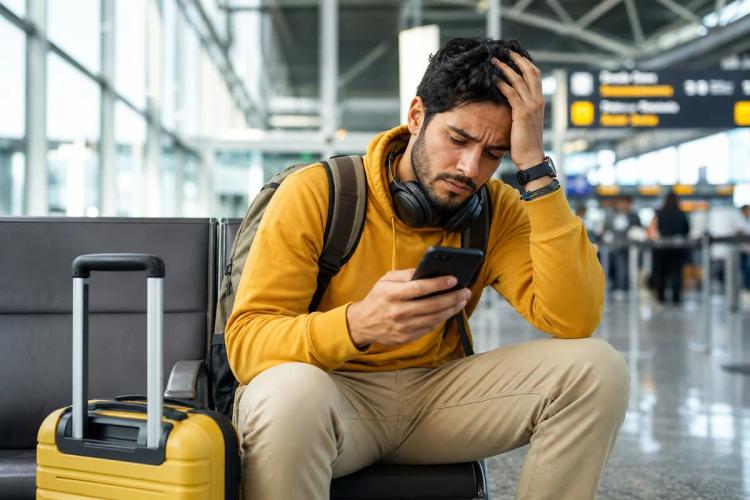 Traveler sitting in an airport terminal, head in hand, checking his smartphone beside his suitcase