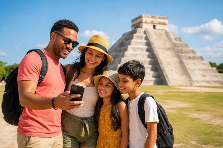 Smiling family gathered around a smartphone in front of a stepped pyramid in bright sunshine