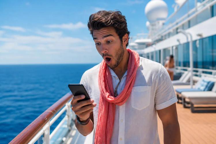 Surprised passenger looking at his phone on the sunny deck of a cruise ship at sea