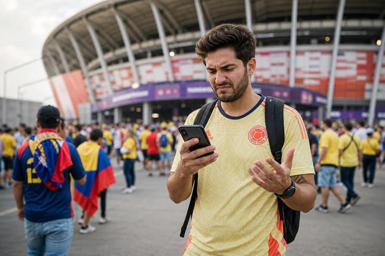 Football supporter in a team jersey, hand raised in frustration, staring at his phone outside a packed stadium