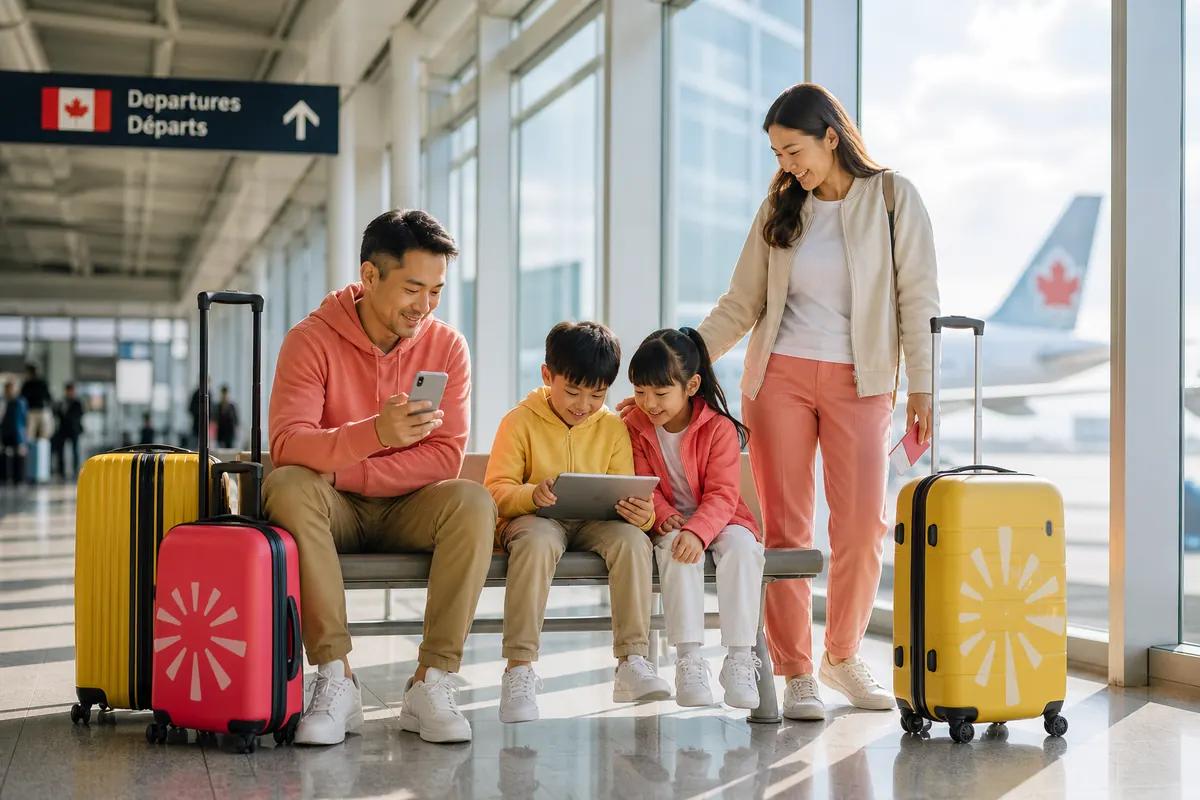 Famille de quatre personnes avec smartphone et tablette dans un aéroport canadien, valises à côté